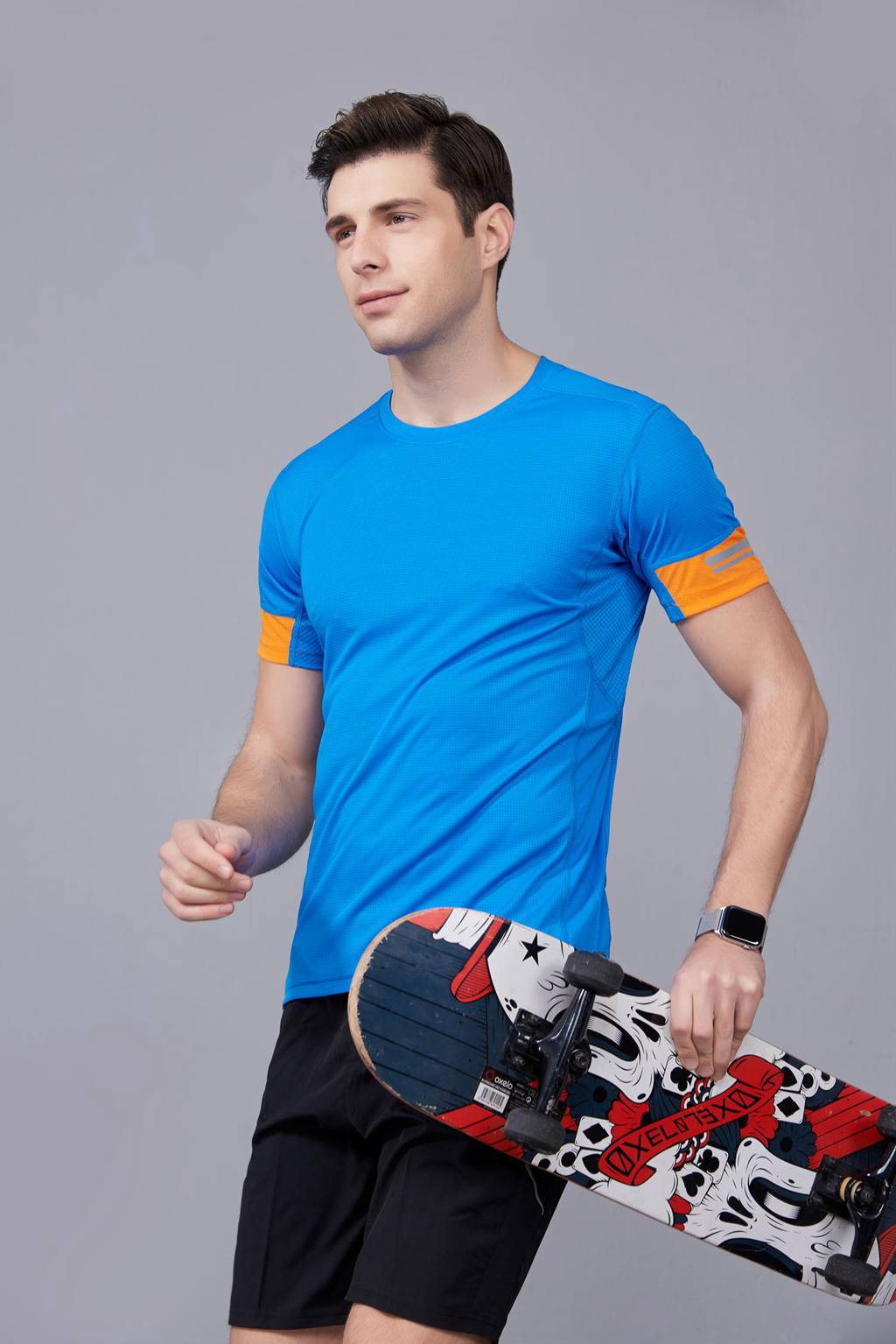 超彈力純色上衣 夏季男裝T恤文化衫 湖藍(lán)【圓領(lǐng)】